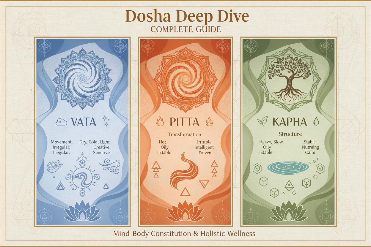 Dosha Deep Dive
Complete Guide

Understanding your unique mind-body constitution. Explore Vata, Pitta, and Kapha doshas with personalized wellness recommendations for each type.